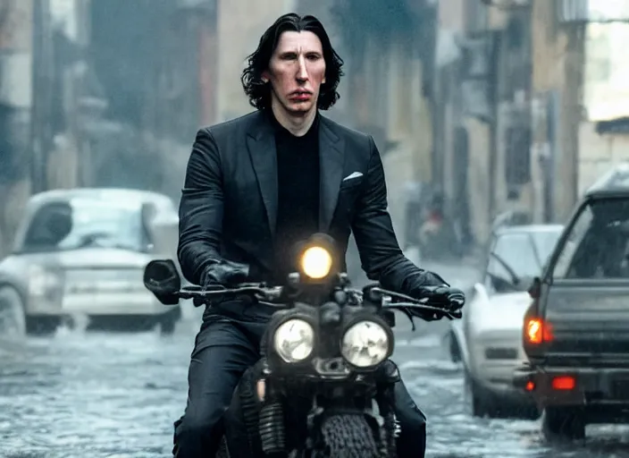 Prompt: first official image from bond 2 6, starring adam driver as agent 0 0 7, riding a shark through the streets of valparaiso, chile in heavy rain. directed by alejandro inarritu. stunning cinematography, kodak vision 2 0 0 t, high contrast, anamorphic lens, chromatic aberration.