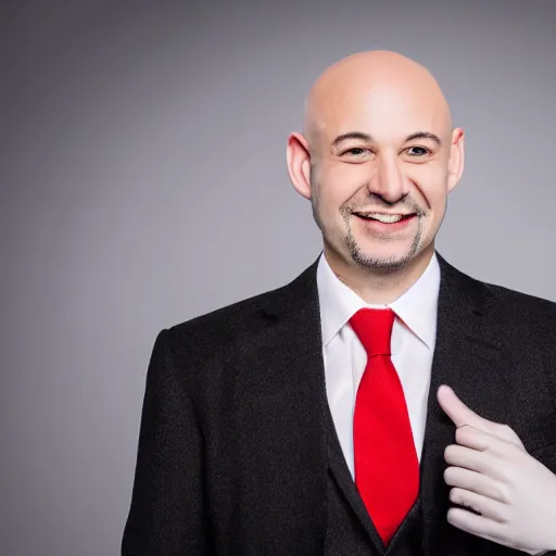 Image similar to a bald man wearing a black suit with a red tie smiling and looking at the camera ( greatly detailed, still frame shot, photo realistic, high quality photo, hyperrealistic and uhd )
