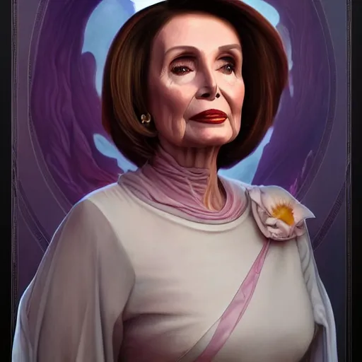 Image similar to Nancy Pelosi is a alien princess, cinematic lighting, intricate, elegant, highly detailed, digital painting, artstation, sharp focus, illustration, art by artgerm and greg rutkowski and alphonse mucha and Wayne Barlowe and william-adolphe bouguereau