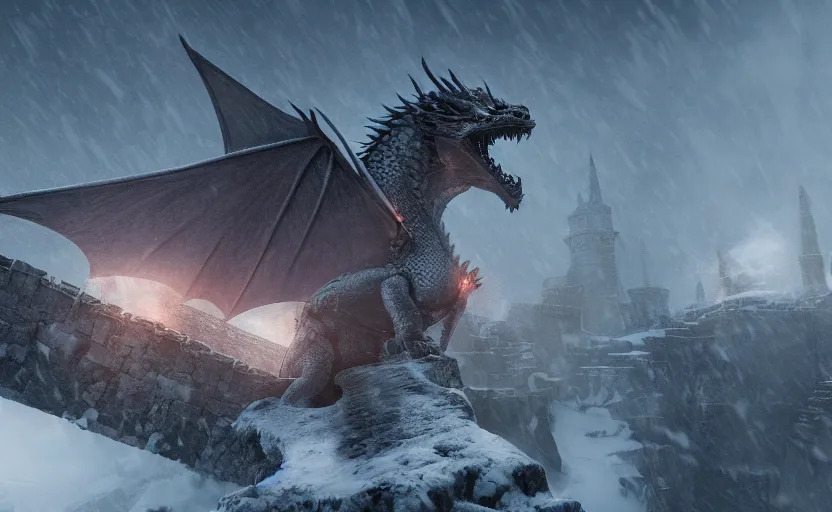 Prompt: A dragon flying over the high city wall in the snowstorm, doomy, Unreal Engine, cinematic photography, highly-detailed, games of thrones, HBO, high resolution