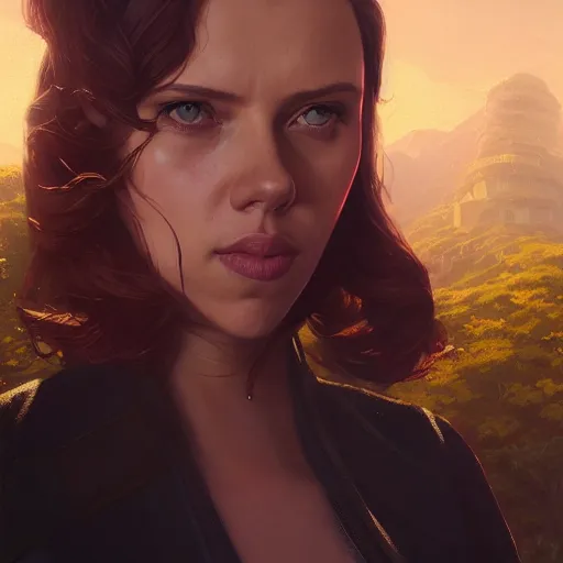 Image similar to highly detailed portrait scarlett johansson, gta v, stephen bliss, unreal engine, fantasy art by greg rutkowski, loish, rhads, ferdinand knab, makoto shinkai and lois van baarle, ilya kuvshinov, rossdraws, tom bagshaw, global illumination, radiant light, detailed and intricate environment