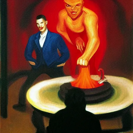 Prompt: devil boss in hell, oil painting by edward hopper