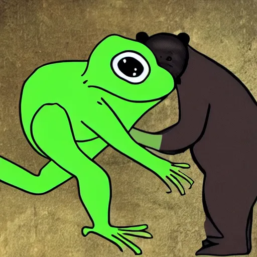 Image similar to pepe the frog attacking bear