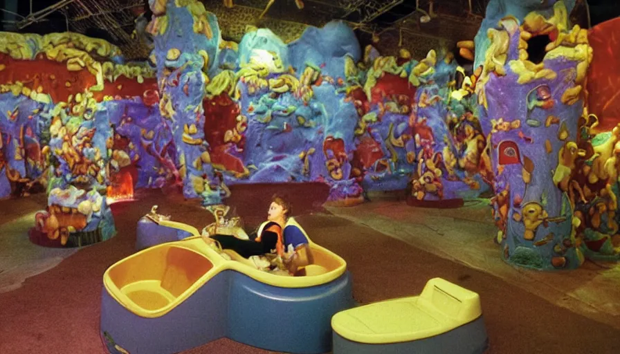 Image similar to 1990s photo of inside the Garfield's Lava Lamp ride at Universal Studios in Orlando, Florida, riding a litter box through a lasagna world, cinematic, UHD