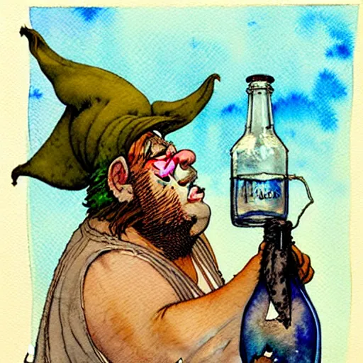 Image similar to a realistic and atmospheric watercolour fantasy character concept art portrait of a fat sleazy homeless yoda wearing a wife beater drinking out of a broken bottle, by rebecca guay, michael kaluta, charles vess and jean moebius giraud