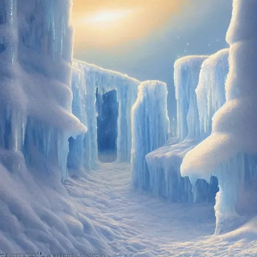 Image similar to hd wallpaper of ice castles in the north pole, trending on artstationhq, artwork by artgerm, artwork by bob eggleton