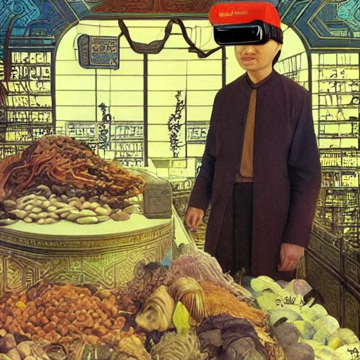 Prompt: byzantine bureaucrat wearing coolie hat and VR goggles with scrolling Chinese Arabic text standing behind counter in Hong Kong market, Dune concept art by Greg Rutkowkski, Brom, and Alphonse Mucha