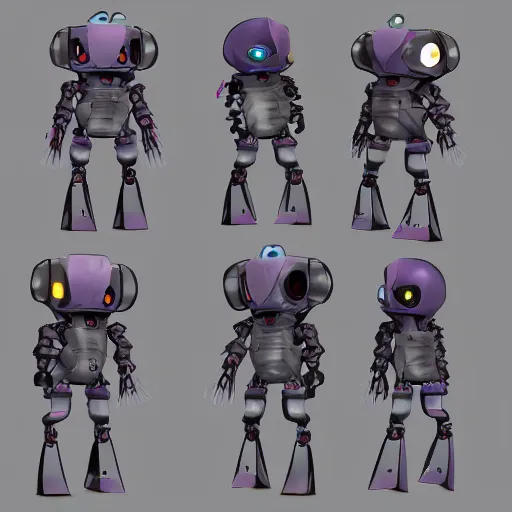 Prompt: character sheets for a friendly tripod vampire squid robot made of broken parts that loves cats and has an led screen face, inspired by splatoon by nintendo, art by tim schafers work on psychonauts 2 from double fine, anime, vhs distortions