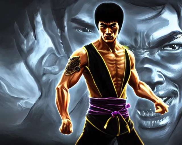 Prompt: a gaming screenshot still portrait of bruce lee in mortal kombat, deep focus, d & d, fantasy, intricate, elegant, highly detailed, digital painting, artstation, concept art, matte, sharp focus, illustration, dark fantasy style art, hearthstone, art by artgerm and greg rutkowski and alphonse mucha