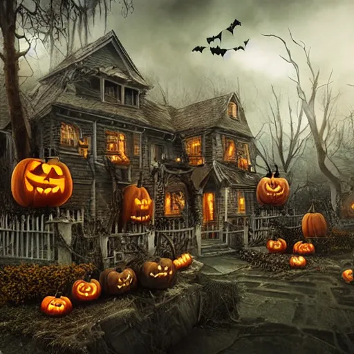 Image similar to spooky Halloween party, Fantasy Hyper detailed digital matte painting, concept art, hyperrealism, Cinema 4D, 8k resolution, 64 megapixels, coherent, bokeh, CGSociety, ZBrush Central, behance HD, hypermaximalist, a masterpiece, 4K