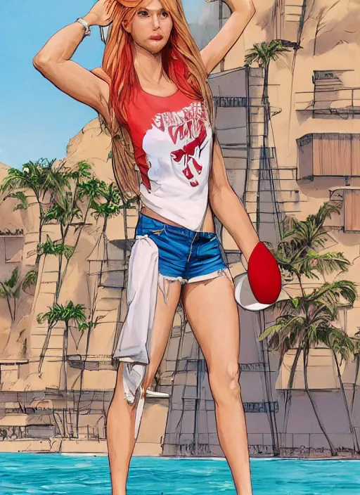 Image similar to , a gorgeous hulking woman with very long hip-length blonde hair, happy sunny day, wearing a cut-off white top and red dirt cut-off shorts standing by the water, beach tennis, modern architecture, in the style of artgerm and moebius and annie liebovitz, marvel comics, photorealistic, highly detailed, trending on artstation, Gediminas Pranckevicius