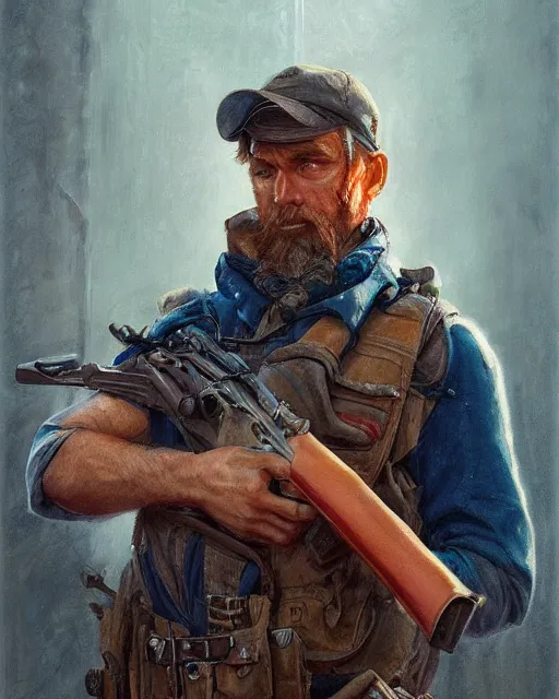 Image similar to a man with rifle in hand eating a pizza, scar under eye, cover page very intricate | cinematic lighting | award - winning | closeup portrait | by donato giancola and mandy jurgens and charlie bowater | featured on artstation