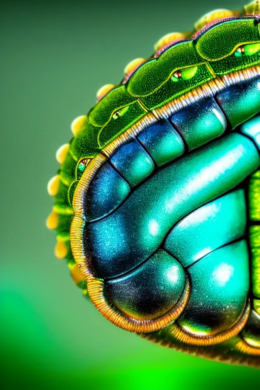 Image similar to high quality macro photo iridescent cyborg full caterpillar! cute highly detailed david ligare elson peter cinematic teal lighting high quality low angle hd 8k sharp shallow depth of field