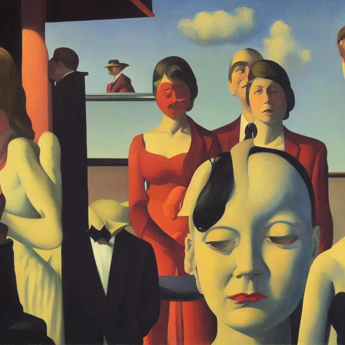 Image similar to group of people pictured in afternoon light, close - up of the faces, surrealist oil painting by edward hopper, dora maar and rene magritte