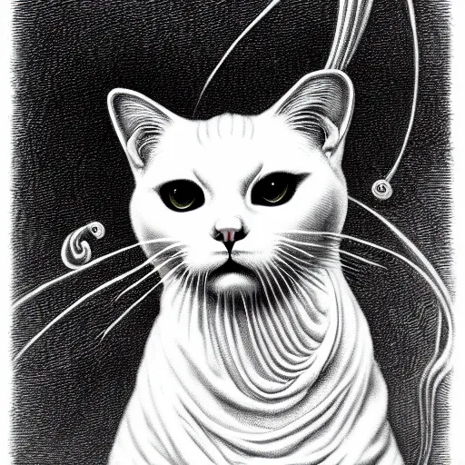 Image similar to white cat, lovecraft, art by hr giger!!!, gustave dore, artstation