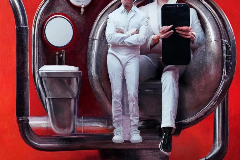 Image similar to hyperrealism aesthetic ridley scott and denis villeneuve style fashion photography of a detailed hyperrealism elon musk, siting on a detailed hyperrealism toilet and scrolling his detailed smartphone in hyperrealism scene from detailed art house movie in style of alejandro jodorowsky and wes anderson