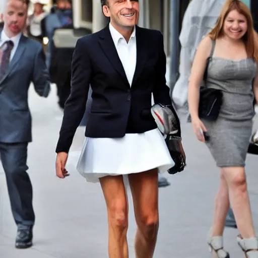 Image similar to Emanuel Macron wearing a mini skirt and a tight top. Heavy make up