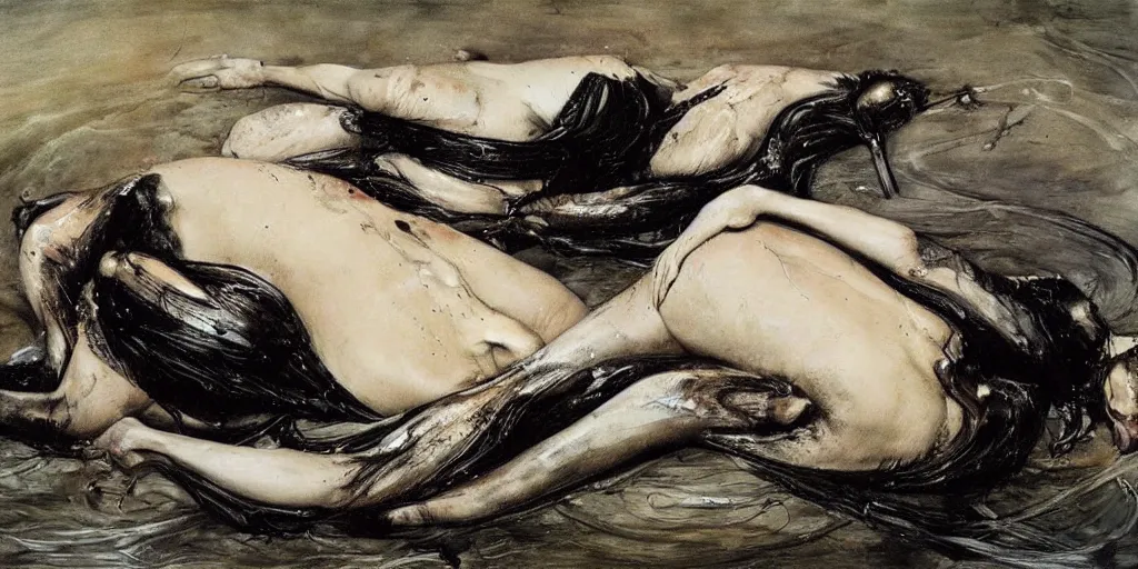 Image similar to black swans melting together in the dark waters. by andrew wyeth, jenny saville and nicola samori