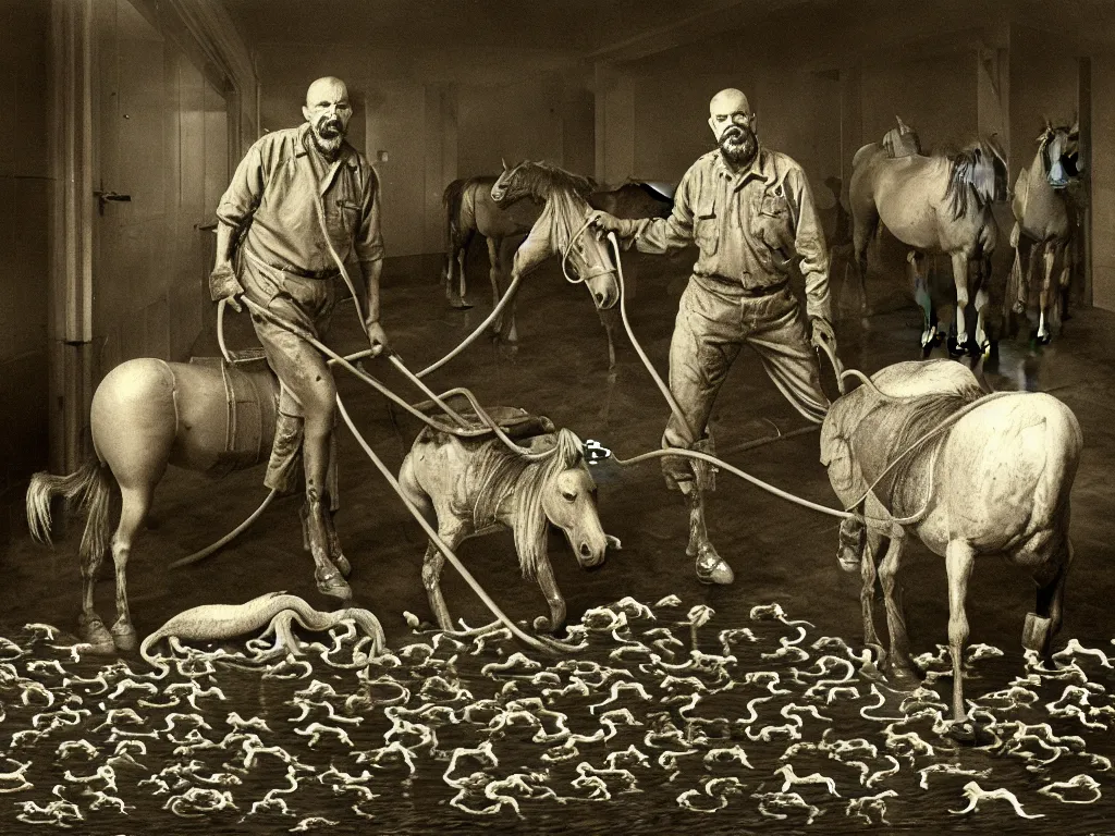 Prompt: a putrefying portrait photograph of a janitor who is gradually being invaded by horses. the floor is covered in a thick layer of gelatin and the janitor is coughing up a fine mist of squids and tadpoles