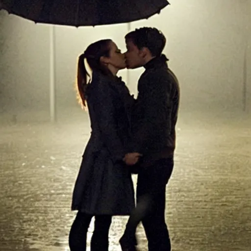 Prompt: still of emma watson kissing dean in the rain in supernatural