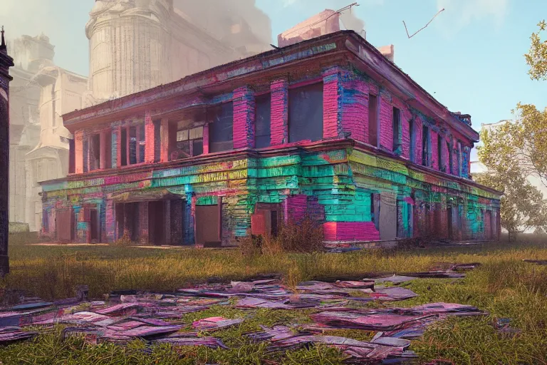 Prompt: abandoned library, colourfull! seen from inside, Smoke, Dirt, leaves on ground, octane render, substance painter, zbrush. Trending on artstation. 8K. Highly detailed.