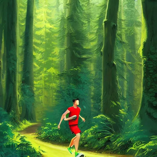 Prompt: a guy in acid-green athletic sneakers runs through a forest with tall trees, art by Andreas Rocha,