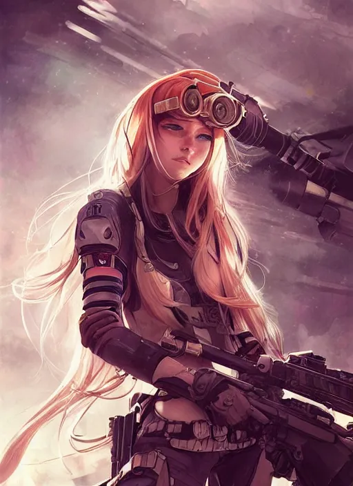 Image similar to of a beautiful sniper girl in war, with futuristic gear and helmet, portrait by nina masic and ross tran and miho hirano, detailed, epic video game art, warm color tone