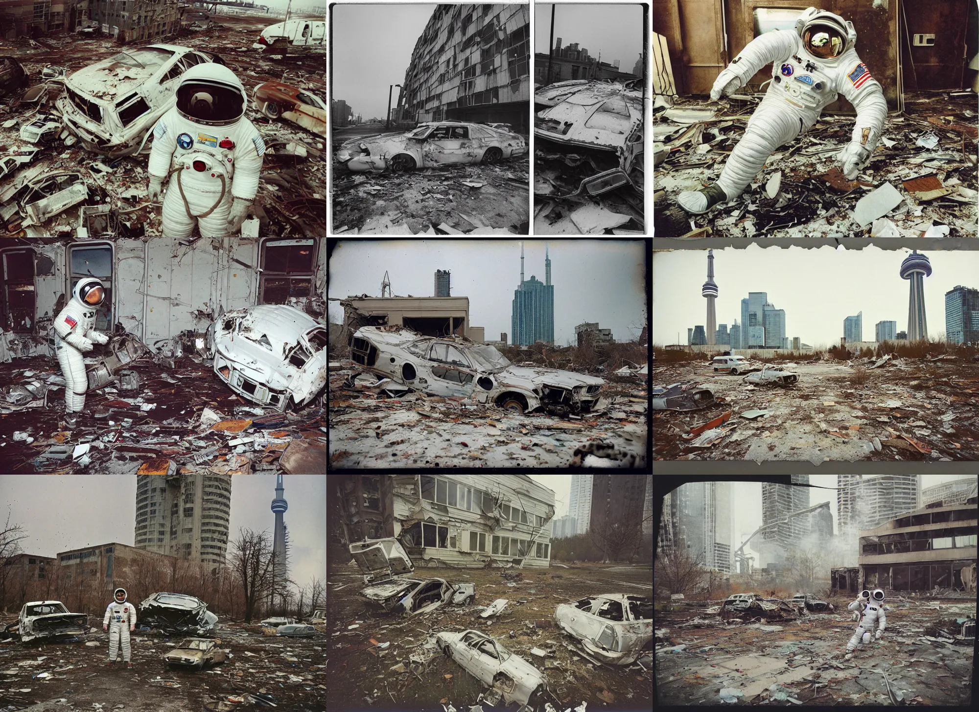 Prompt: faded photographs of american white spacesuit astronaut in postapocalyptic abandoned destroyed toronto cn tower, wrecked buildings, destroyed flipped wrecked cars, polaroid photo, vintage, neutral colors, rainy day, by gregory crewdson