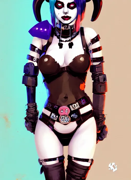 Image similar to portrait of cute goth harley quinn in cyber bikini armor, warhammer, cyberpunk, by atey ghailan, by greg rutkowski, by greg tocchini, by james gilleard, by joe fenton, by kaethe butcher, by gustav klimt, dynamic lighting, gradient light blue, brown, blonde cream and white color in scheme, grunge aesthetic