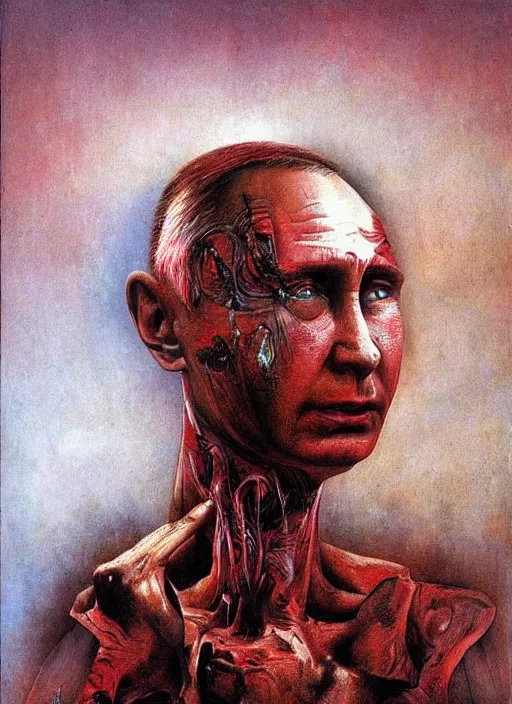 Image similar to Painting in a style of Beksinski featuring Vladimir Putin. Suffering and pain