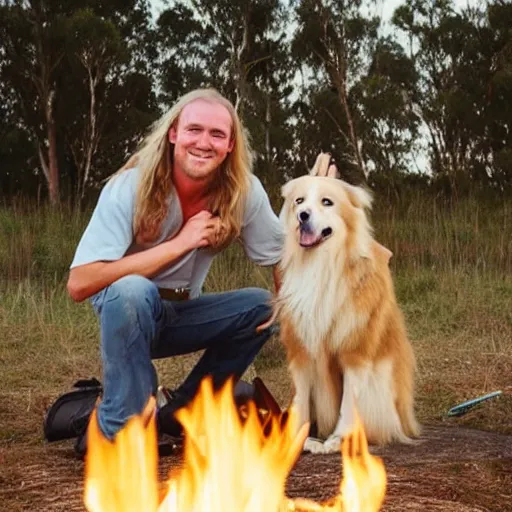 Image similar to picture of a hillbilly with long blonde hair with his australian shepherd around a bonfire