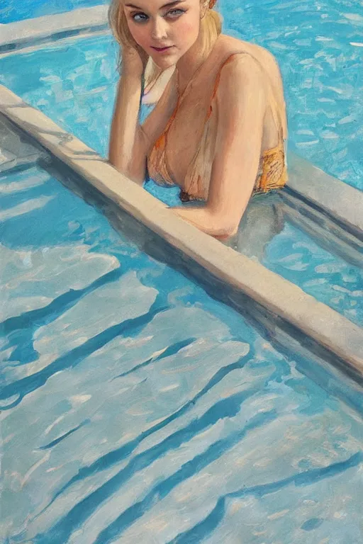 Image similar to portrait of courtesan annasophia robb, at a pool, highly detailed, artstation, illustration, John Singer Sargant, Diebenkorn