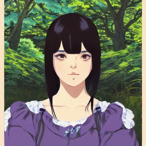 Prompt: Character portrait of a young beautiful woman in a lush park, beautiful face, large eyes, long dark hair with bangs, highly detailed, cel shading, Studio Ghibli still, by Ilya Kuvshinov and Akihiko Yoshida