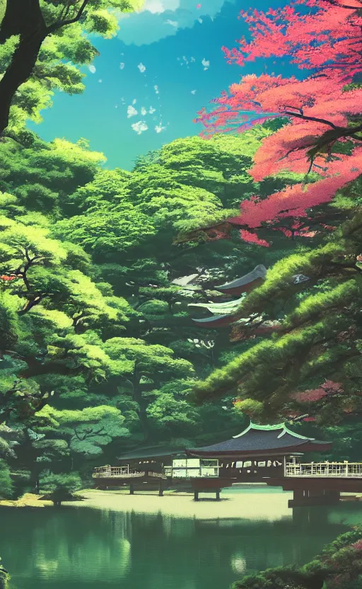 Image similar to japanese inspired poster, beautiful japanese architecture and nature, japanese beautiful aesthetic, photorealistic, lake, light rays theough the trees, 8 k image, studio ghibli anime style