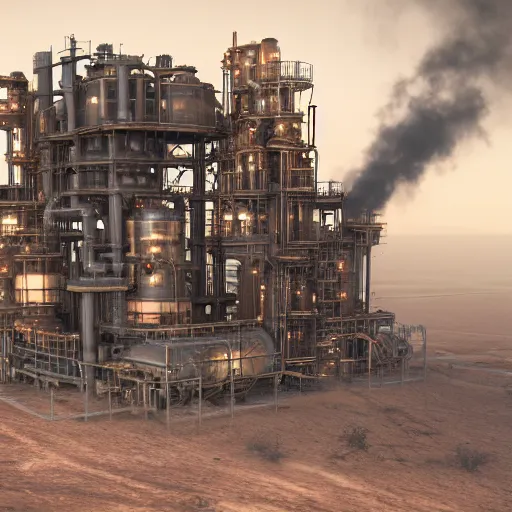 Prompt: a steampunk oil refinery in the desert that is on fire, shrouded in fog, highly detailed, 8k, sharp focus, trending on artstation