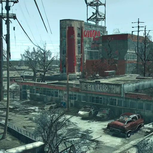 Prompt: nuka cola bottling plant, atlanta in ruins post - nuclear war in fallout 4, in game screenshot