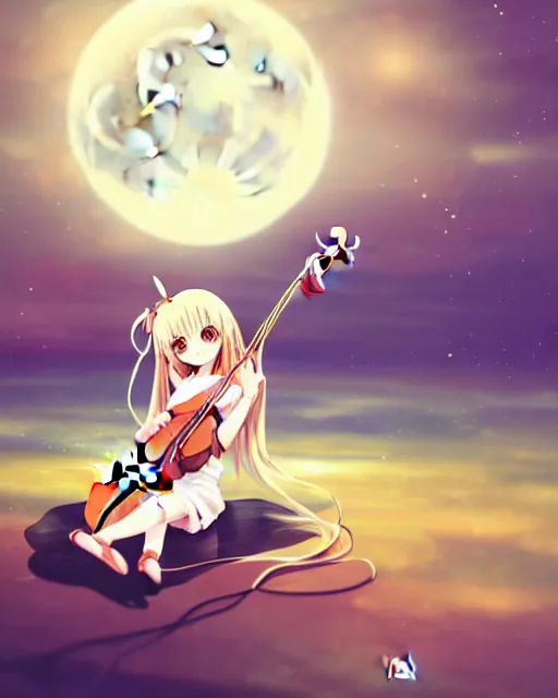 Prompt: anime style, chibi, full body, a cute girl with white skin and golden long wavy hair holding a violin and playing a song, heavenly, stunning, modern art, lunar time, trending art, sharp focus, centered, landscape shot, happy, fleeting dream, simple background, studio ghibly makoto shinkai yuji yamaguchi, by wlop