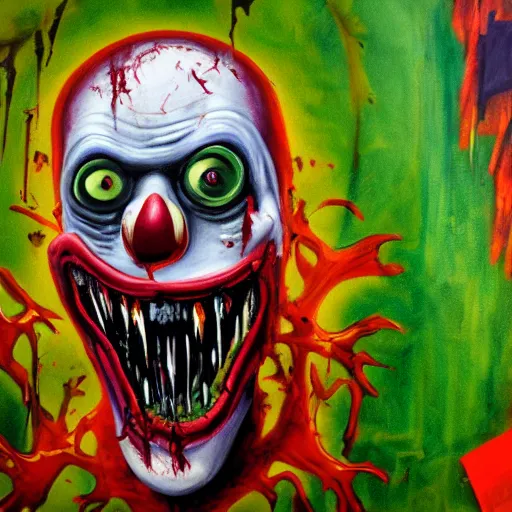 Image similar to zombie clown breaking through 4 th wall jungle painting, oil and acrylic on canvas, high detail