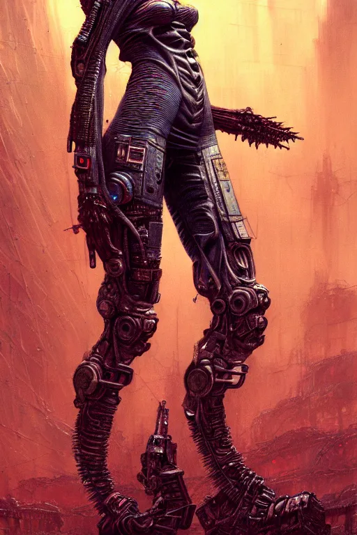 Prompt: a highly detailed long shot photo of cyberpunk female character by ayami kojima, elf, beksinski, giger, elf, gun, intricate, digital painting, artstation, concept art, smooth, sharp focus, full body