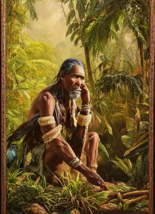 Image similar to a beautiful portrait of an indigenous man sitting in the jungle, taking tobacco snuff, praying with tobacco, mysterious atmosphere, fantasy art, matte painting, highly detailed