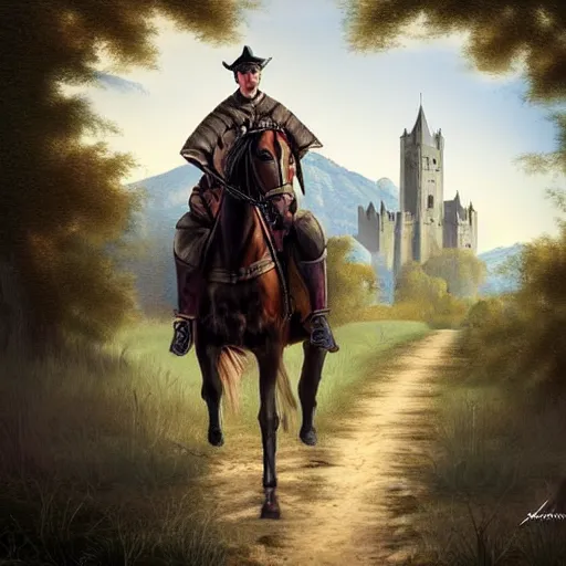 Prompt: plano general de un caballero montado a caballo, colina de fondo con castillo medieval. digital art, art station, realista,