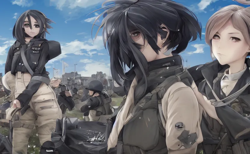 Image similar to panoramic view, girl, soldier clothing, battlefield in background, anime style, short hair, hair down, generate faces, realistic anatomy, symmetrical facial features, from arknights, hyper realistic, 4 k, extreme detail, detailed drawing, trending artstation, safebooru, realistic lighting, by alphonse mucha, greg rutkowski, anime eyes, sharp focus