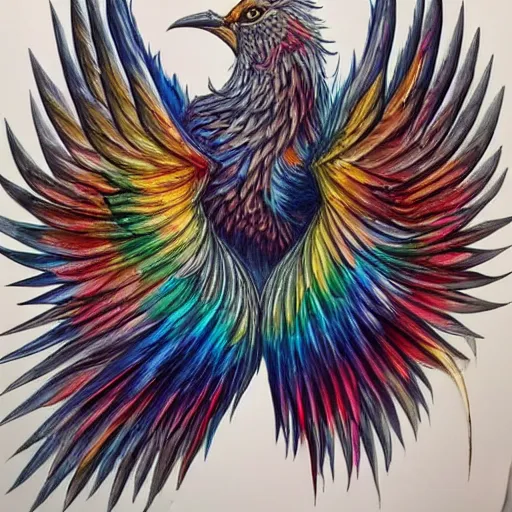 Prompt: picture of long spear made of multicoloured feathered wings, prismatic, full detailed drawing, hyperrealism, full weapon drawing, magic the gathering, white background