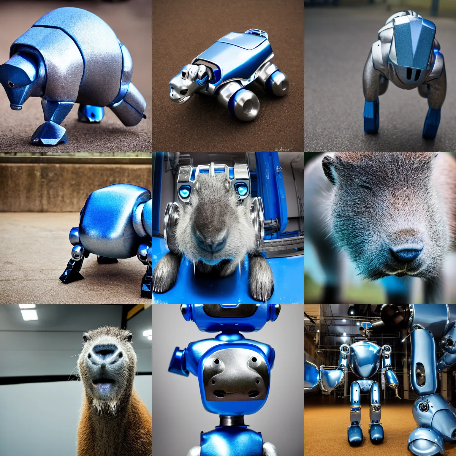 Prompt: metallic blue and silver robot capybara, robot photography