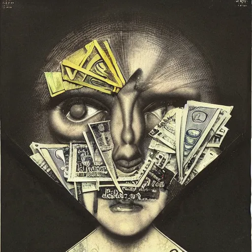 Prompt: post - punk new age album cover, asymmetrical design, mess, frame of a dollar bank notes, capitalism, magic, apocalypse, psychedelic, black white pink, magic, giger h. r., giuseppe arcimboldo