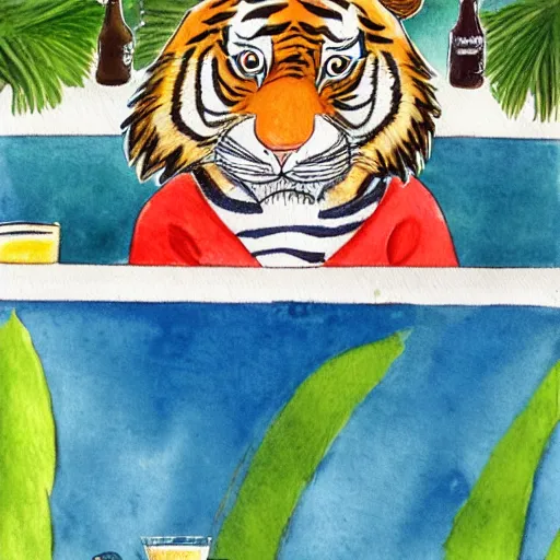 Prompt: a tiger wearing a hawaii shirt drinking a beer at an outdoor bar in stockholm, children\'s book watercolor drawing