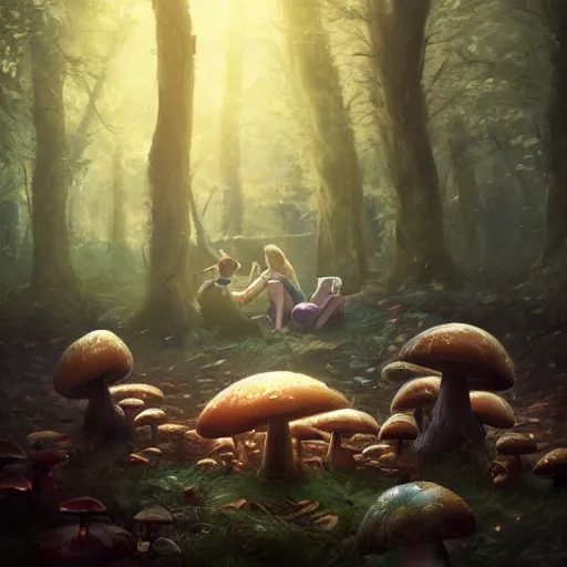 Image similar to a cute picnic in a mushroom forest. dramatic lighting, cgsociety masterpiece, artstation trending, greg rutkowski, 4k, digital art, concept art