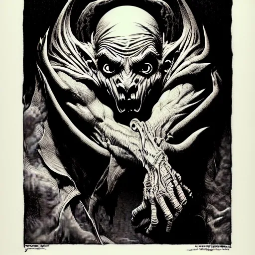 Image similar to portrait soft light, by bernie wrightson and joe fenton, inspired by gothic victorian gargoyle, etching, fine, sharp high detail, duotone screen print,