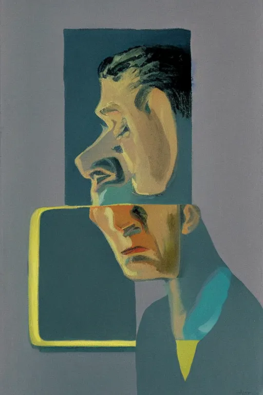 Image similar to man looking into a mirror, 1960’s minimalist advertising illustration, painterly, expressive brush strokes