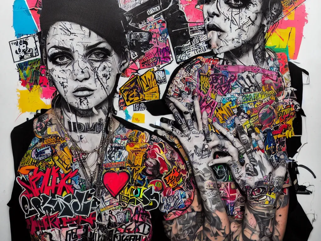 Image similar to a multilayered mixed media street art on paper bursting with nostalgic pop culture and hiphop references, punk and graffiti symbols and tattoo designs, sharp details and in focus, high resolution, flat evenly lit background, art by stikki peaches